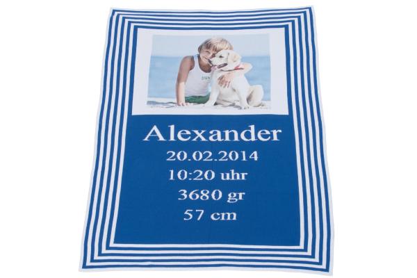 Foto-Bio-Baumwolldecke SCHMUSIG blau mit Geburtsdaten